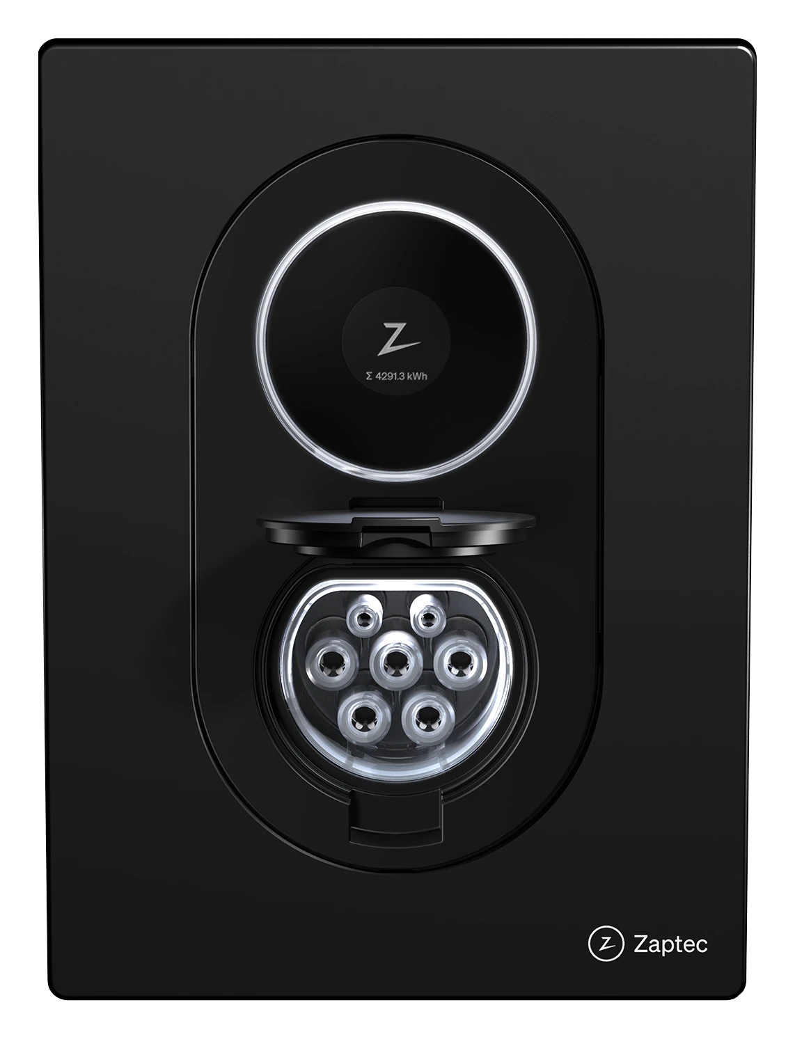 Zaptec Go 2 met geopende klep en Type 2-contactdoos